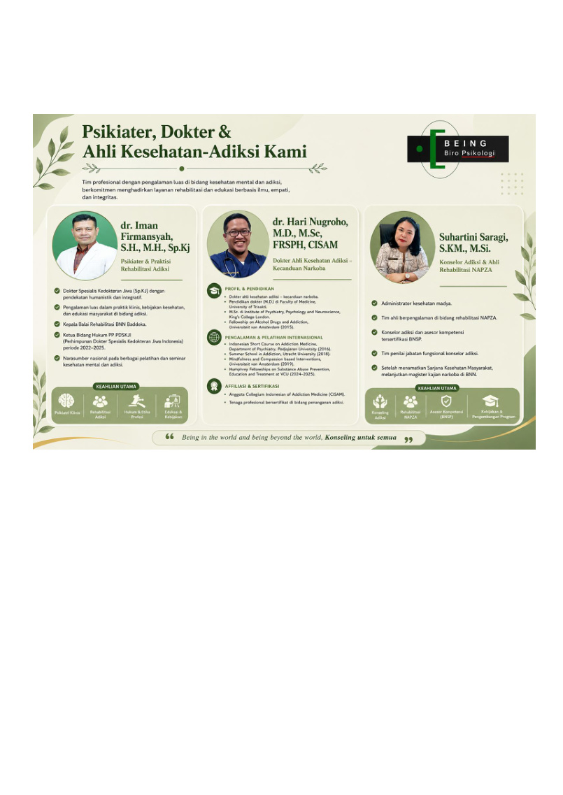 Psikiater, dokter, dan ahli kesehatan-adiksi BEING